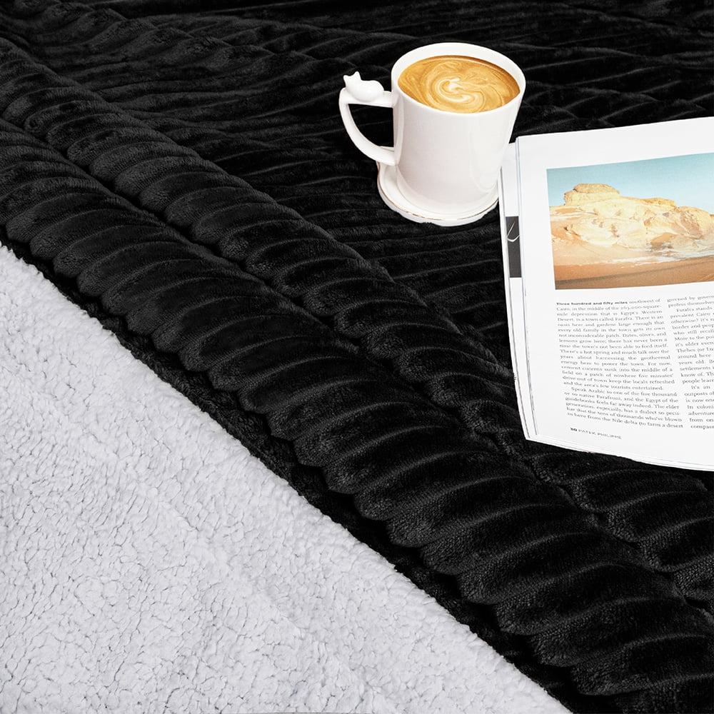Reversible Sherpa Fleece Throw Blanket Black, Plush Flannel Throw, Ultra Soft Warm Ribbed Microfiber Blanket for Sofa... - Image 5