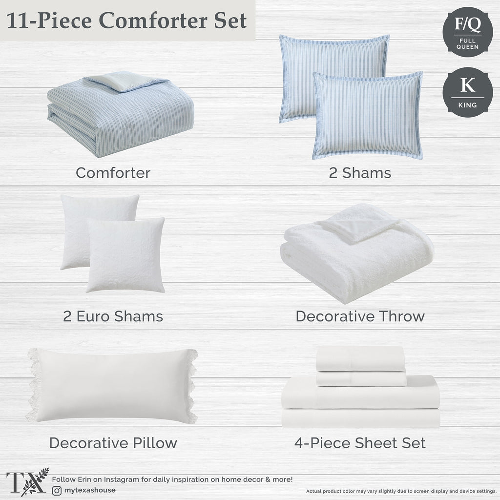 Stripe 11-Piece Comforter Set with Sheets, Blue, Queen - Image 2
