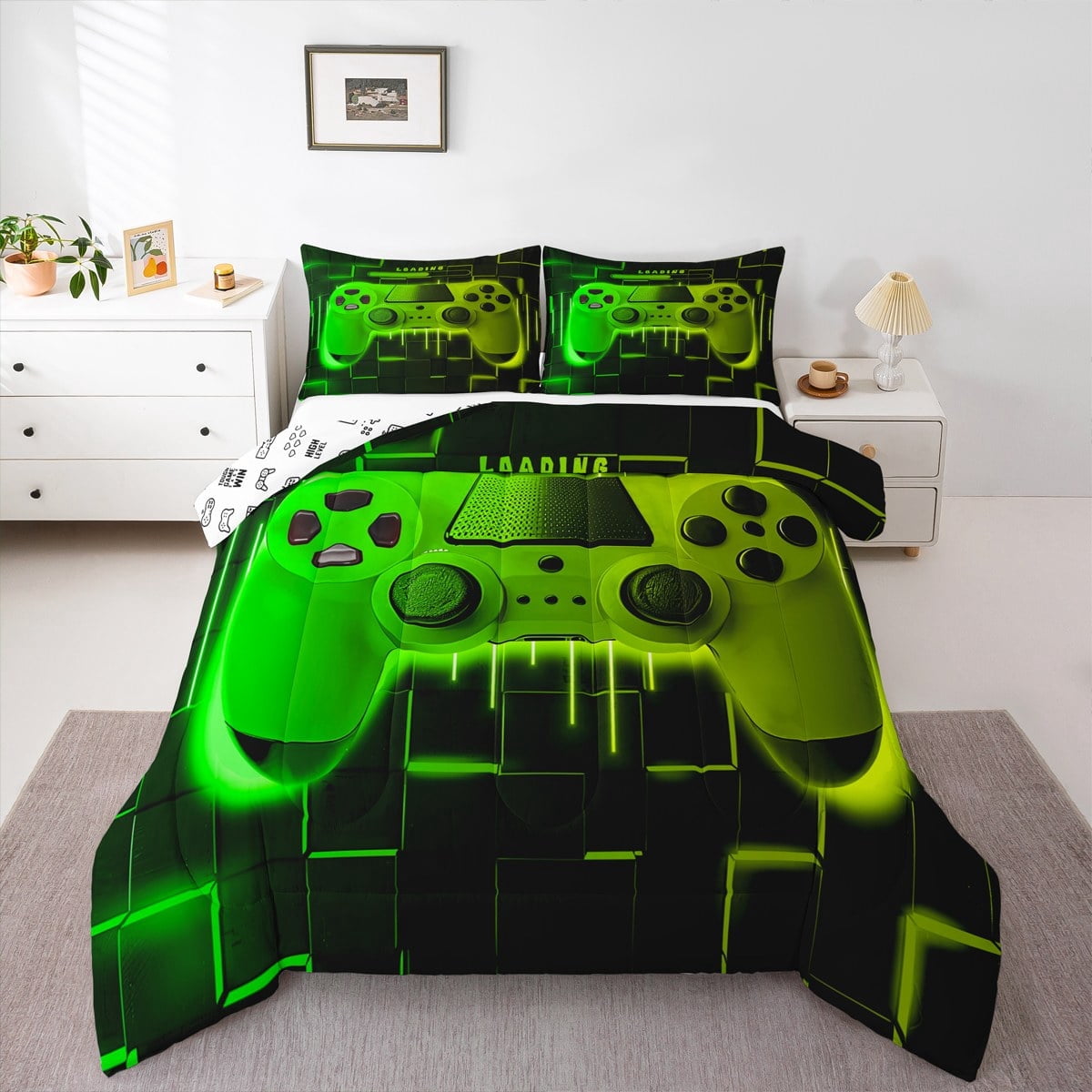 Green Yellow Gaming Full Size Comforter Sets - Gamer Comforter Full Size Bedding Set, Neon Lights Abstract Geometry Design Gamer Room Decor - Image 2