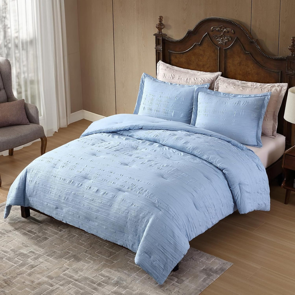 Queen Comforter Set Chambray Blue, 3 Pieces Comforter Set, All Season Lightweight Soft Embossed Bedding (86" x 88" Co... - Image 6