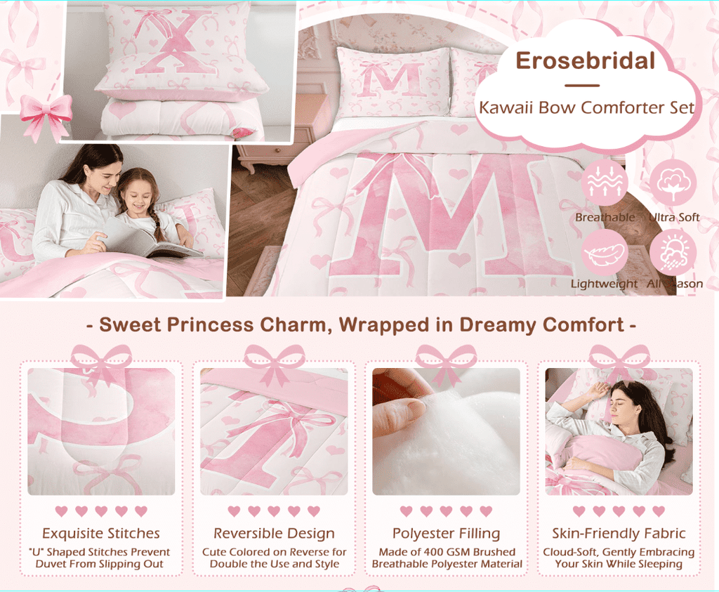 Kawaii Bowknot Bedding Sets Full with Comforter, Initial H Duvet Insert, Romantic Initial A-Z Decor, Reversible - Image 2