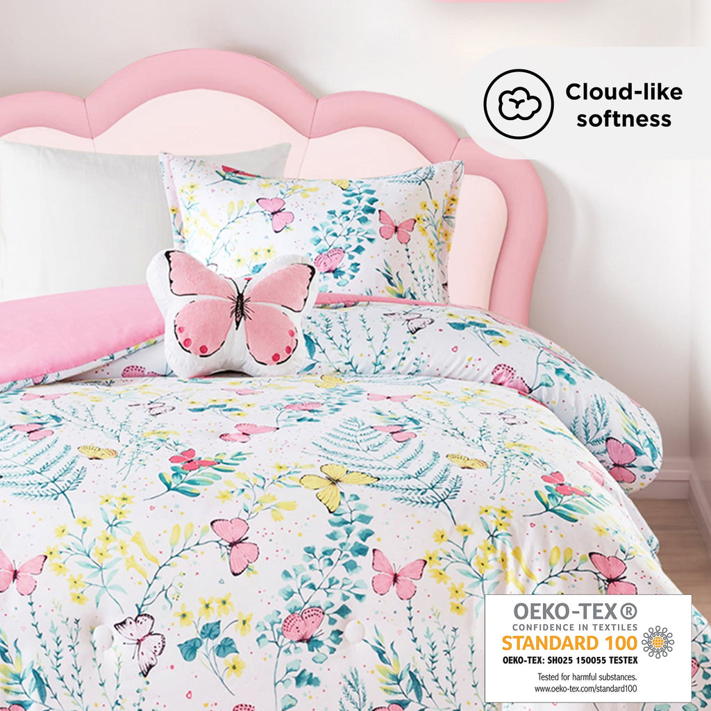 Full/Queen Size Comforter Sets, 4-Piece Kids Bedding Set for Girls, Butterfly Floral Comforter Bed Set, White/Pink - Image 5