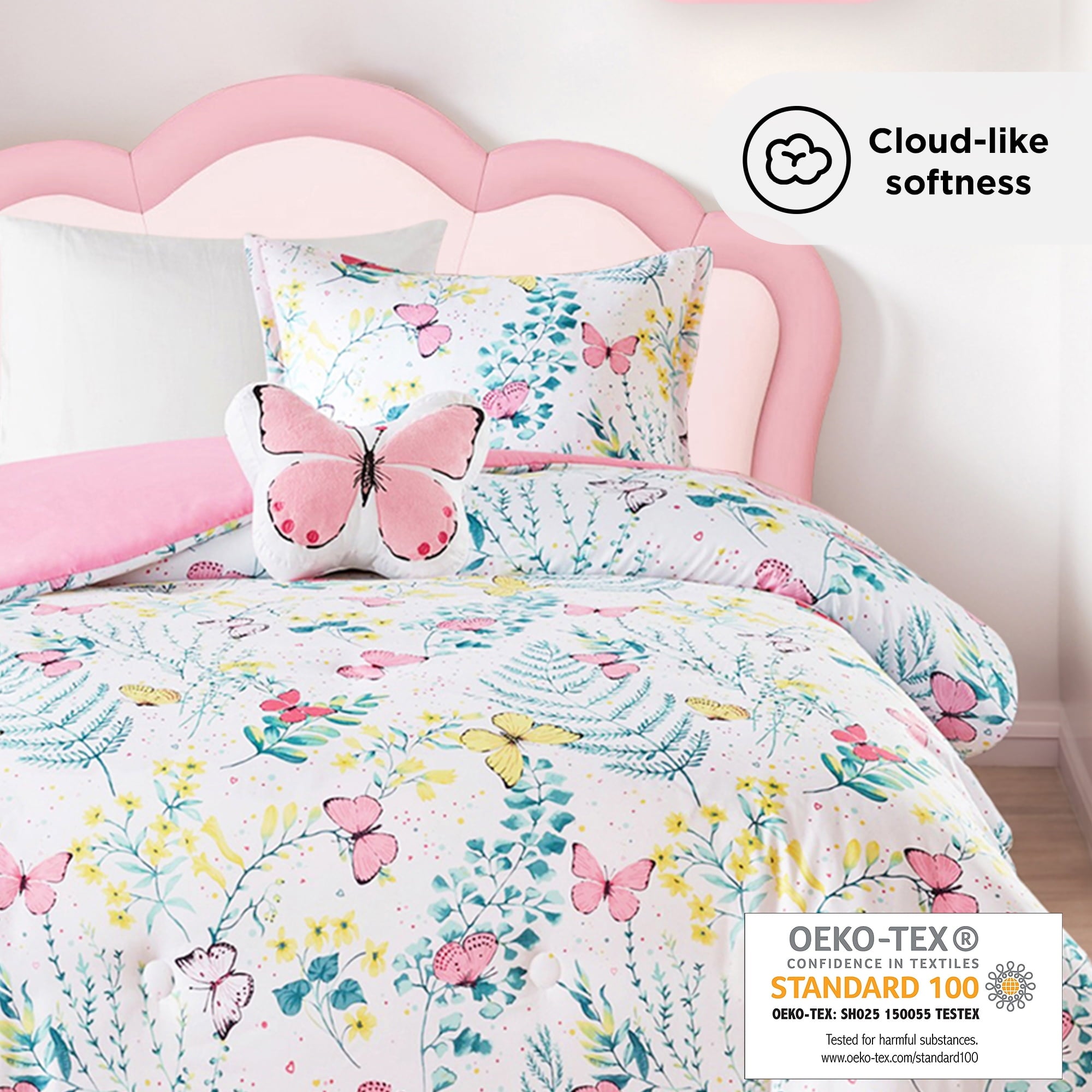 Full/Queen Size Comforter Sets, 4-Piece Kids Bedding Set for Girls, Butterfly Floral Comforter Bed Set, White/Pink - Image 5