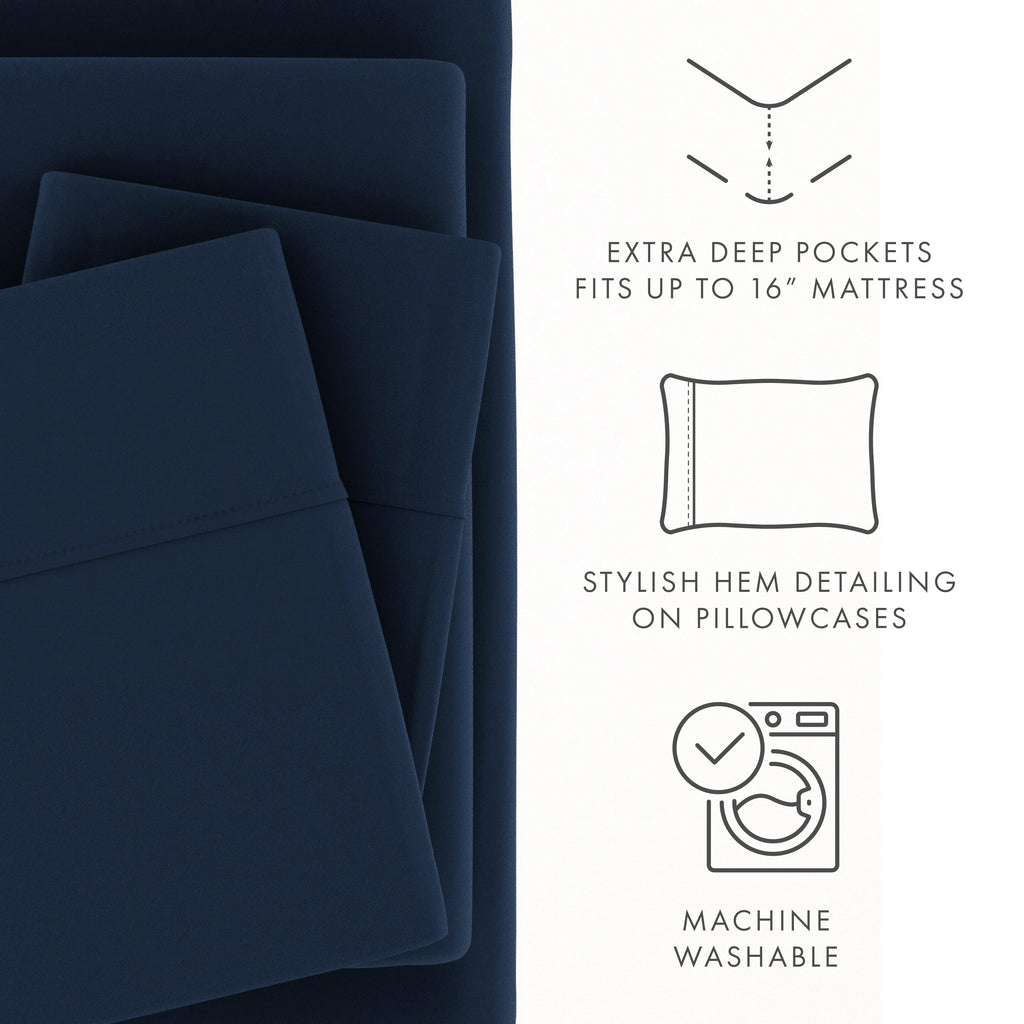Noble Linens 4 Piece Solid Microfiber Bed Sheet Set, Navy, Queen - Image 4
