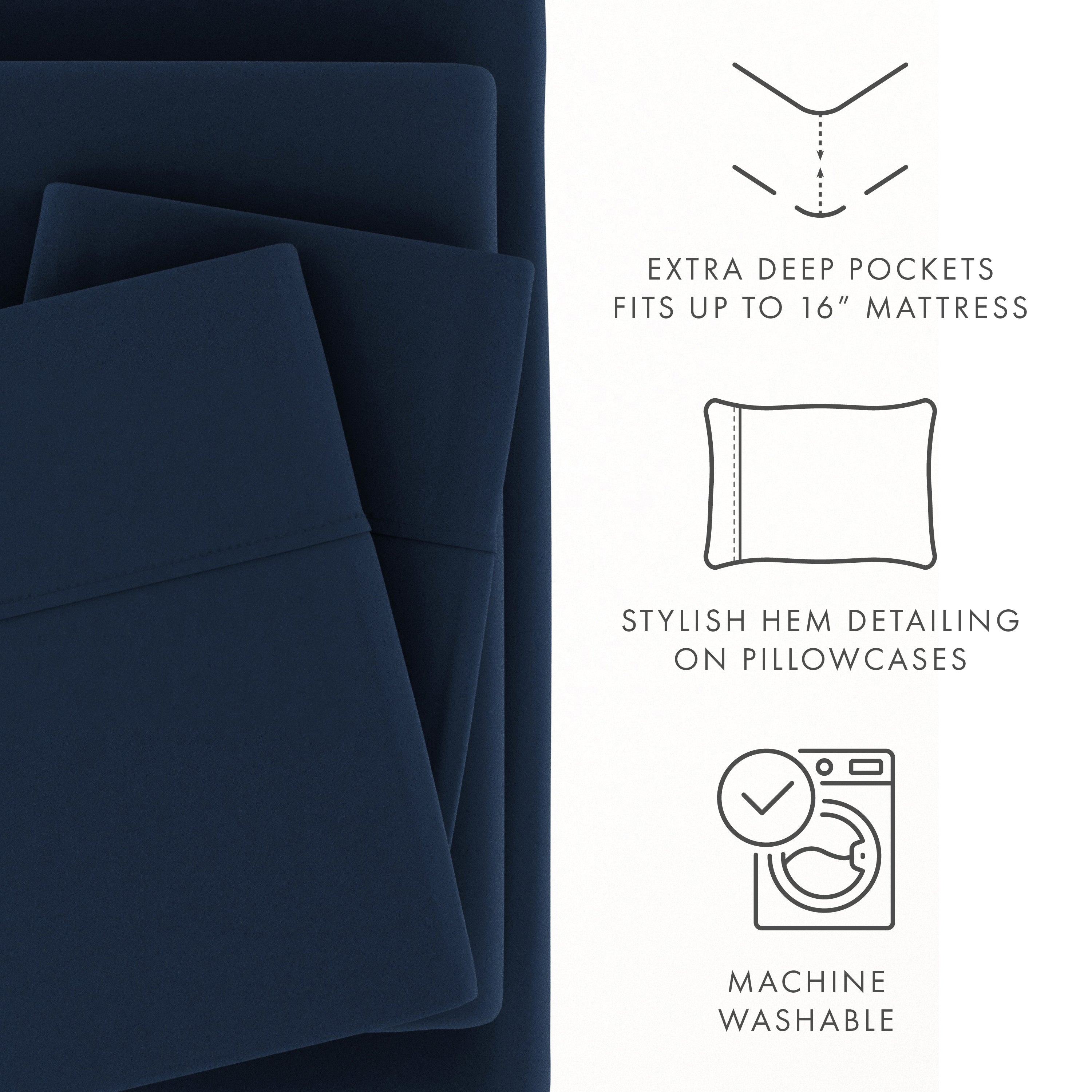 Noble Linens 4 Piece Solid Microfiber Bed Sheet Set, Navy, Queen - Image 4