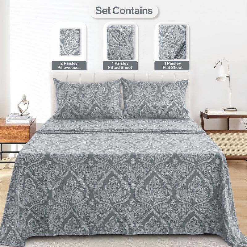 Lux Decor 4 Piece Queen Sheet Set, Brushed Microfiber Paisley Printed Bed Sheet Set with up to 16" Deep Pocket Fitted Sheet, Flat Sheet & 2 - Image 2
