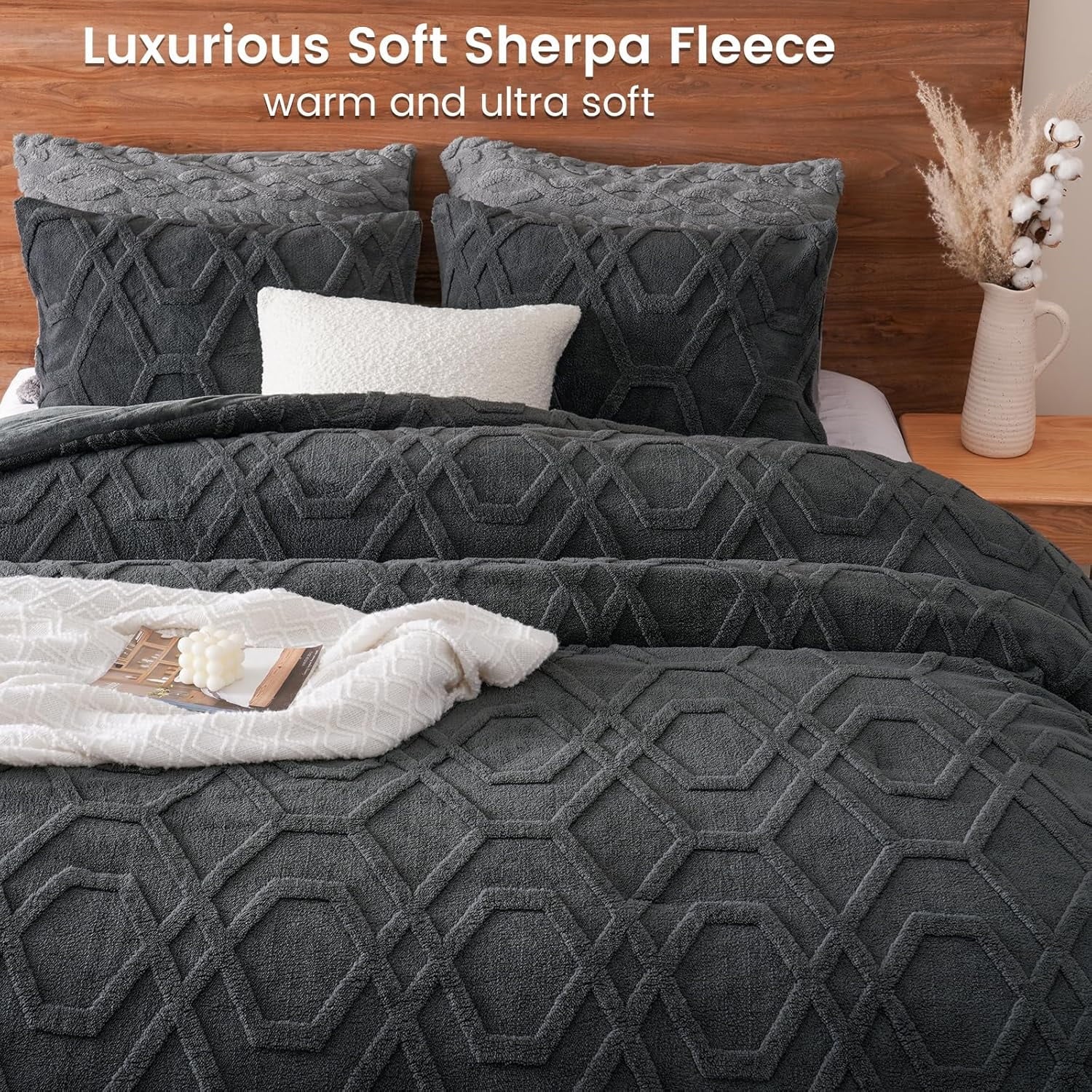 PHF Warm Sherpa Fleece Queen Comforter Set, 3D Tufted Fluffy Dark Grey Bedding for Winter, Soft 3 Pieces Shaggy Bed Set, 1 Comforter (90"x90 - Image 3