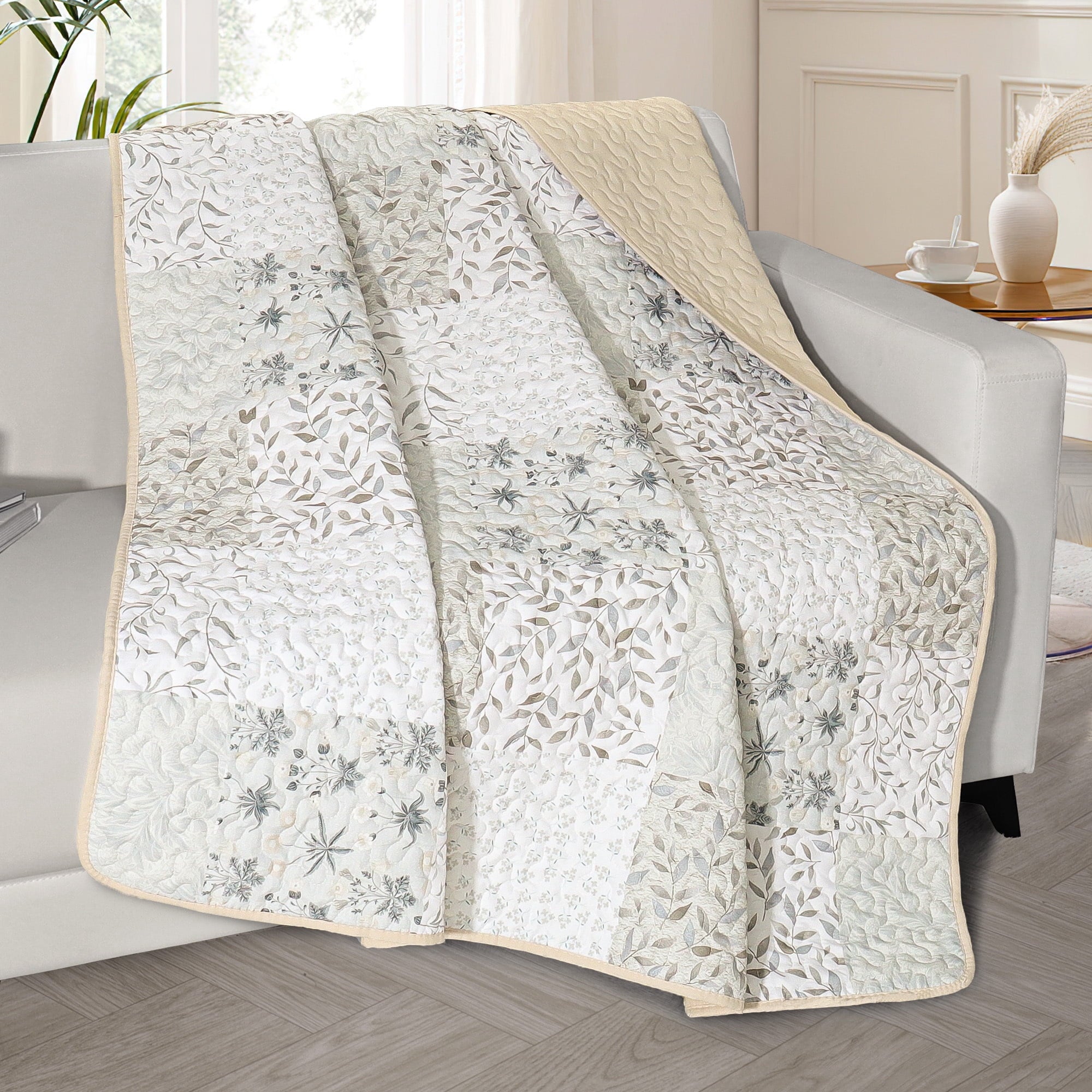 Microfiber Boho Patchwork Pattern Quilted Throw Blanket for Bed/Couch/Sofa, Soft and Lightweight (50"x 60", Grey) - Image 3