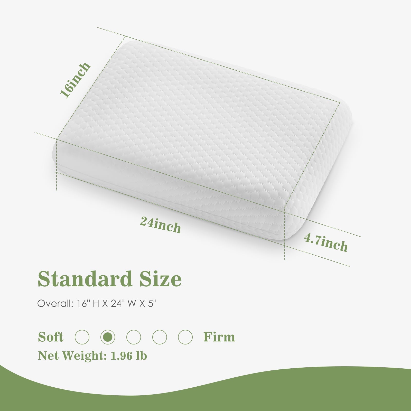 Memory Foam Pillow for Sleeping, 24"D x 16"W x 4.7"H, Soft Supportive Hotel Pillow for Bed, Washable Cover, Set of 2 - Image 5