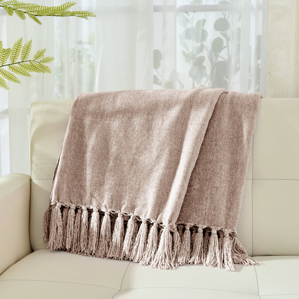 Chenille Throw Blanket with Fringe Tassel for Couch Sofa Chair Bed, Taupe 50" X 60" - Image 2