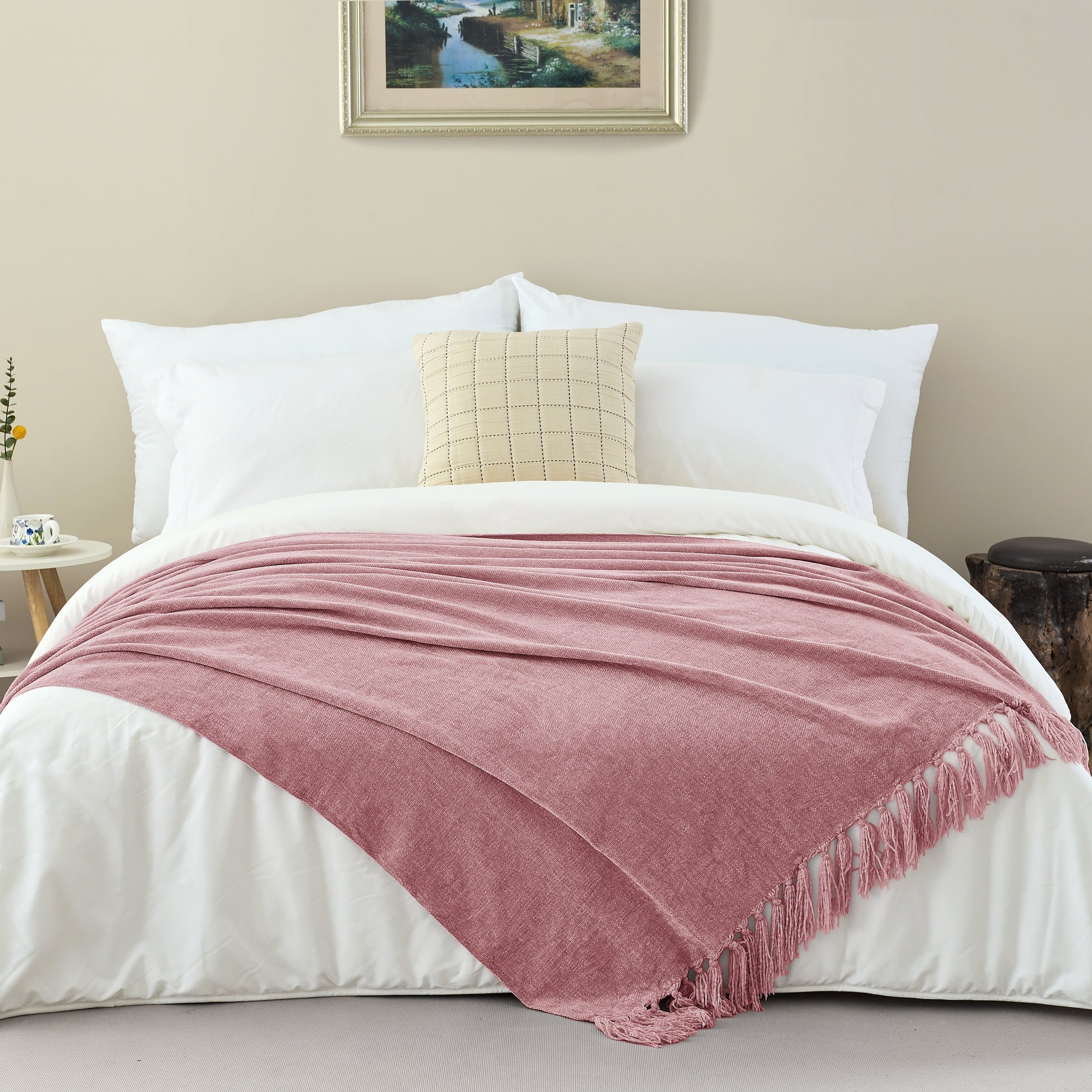 Chenille Throw Blanket with Fringe Tassel for Couch Sofa Chair Bed, Mauve 50" X 70" - Image 4