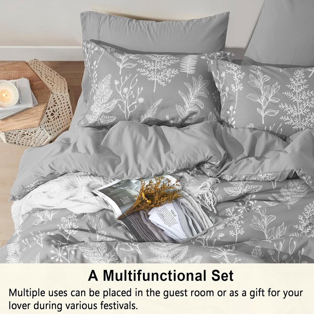 7 Pieces Printed King Comforter Set, Lightweight Reversible Botanical Bedding Set Include Comforter, Pillow Shams, Fl... - Image 3