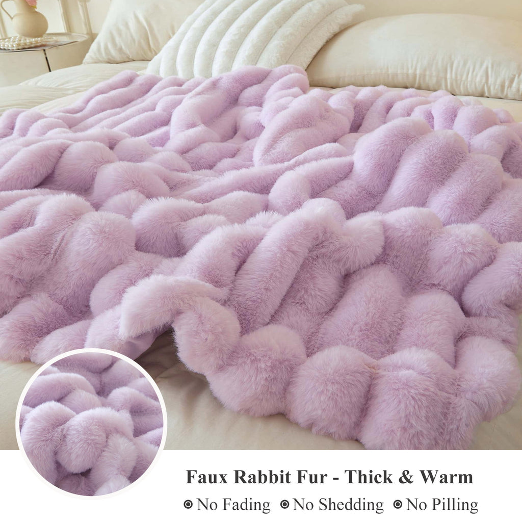 Fluffy Faux Rabbit Fur Throw, Cozy Wide Stripe Plush Fuzzy Blanket for Bed Couch Sofa Chair, Light Purple Shaggy Thro... - Image 5