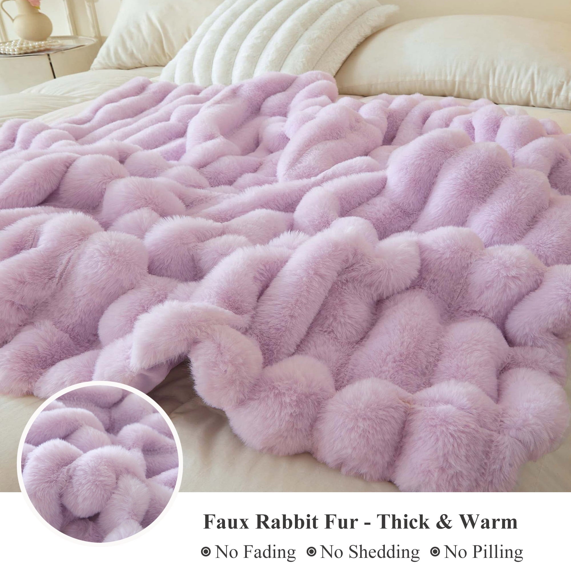 Fluffy Faux Rabbit Fur Throw, Cozy Wide Stripe Plush Fuzzy Blanket for Bed Couch Sofa Chair, Light Purple Shaggy Thro... - Image 5