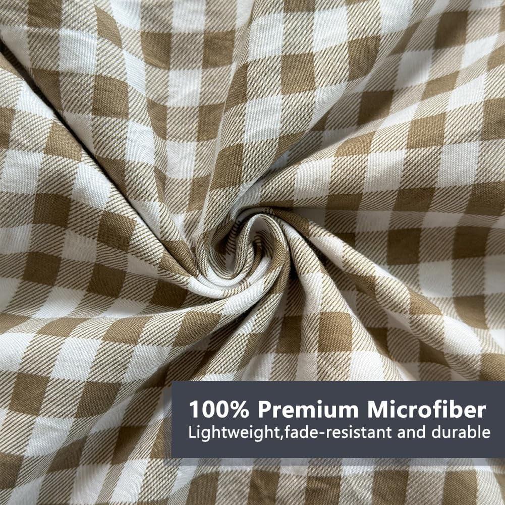 Tan Gingham Ruffle Queen Sheet Set, Taupe Soft Pre-Washed Microfiber Plaid Ruffled Queen Bed Sheets, 4-Pieces Farmhouse Sheet Set with Deep - Image 5