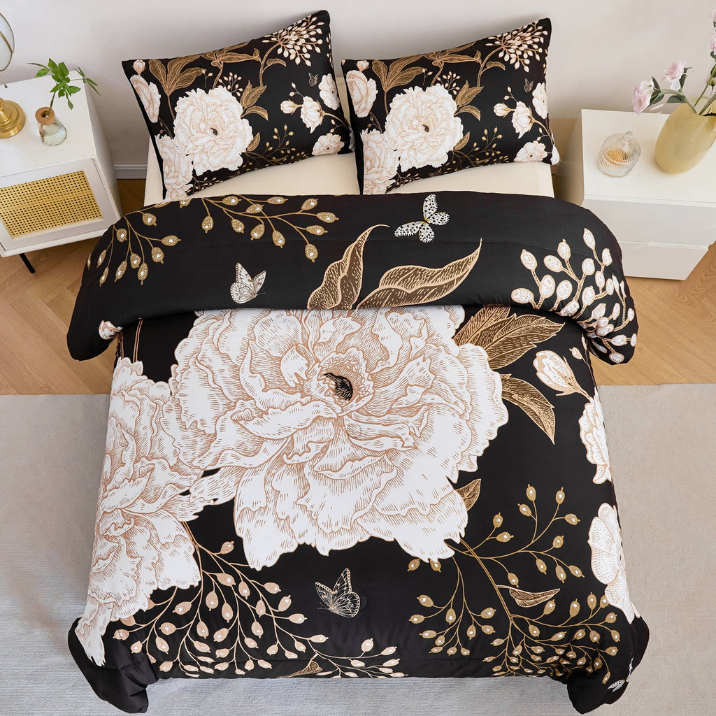 Black Floral Comforter Set Queen, Printed Comforter White Flowers Butterfly Bedding Set, 3 Pieces Botanical Reversibl... - Image 2