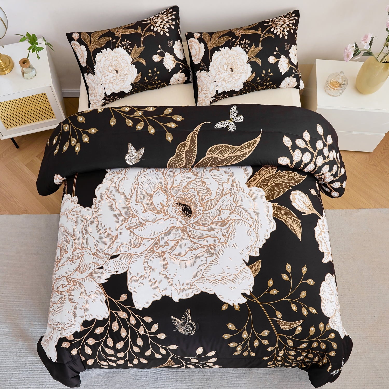 Black Floral Comforter Set Queen, Printed Comforter White Flowers Butterfly Bedding Set, 3 Pieces Botanical Reversibl... - Image 2