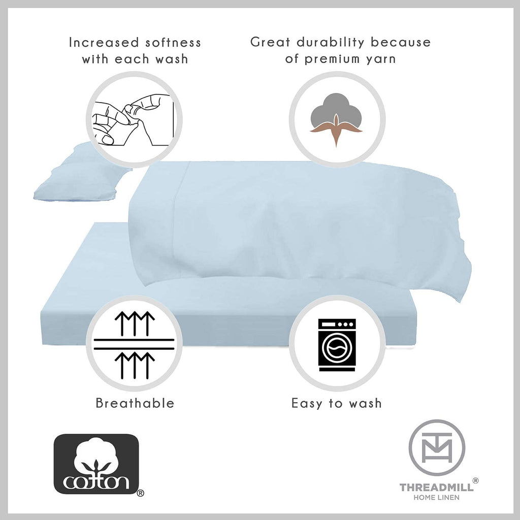 100% Cotton King Bed Sheets Set - 4-Piece, 300 Thread Count, Lightweight Sateen, Light Blue - Image 5