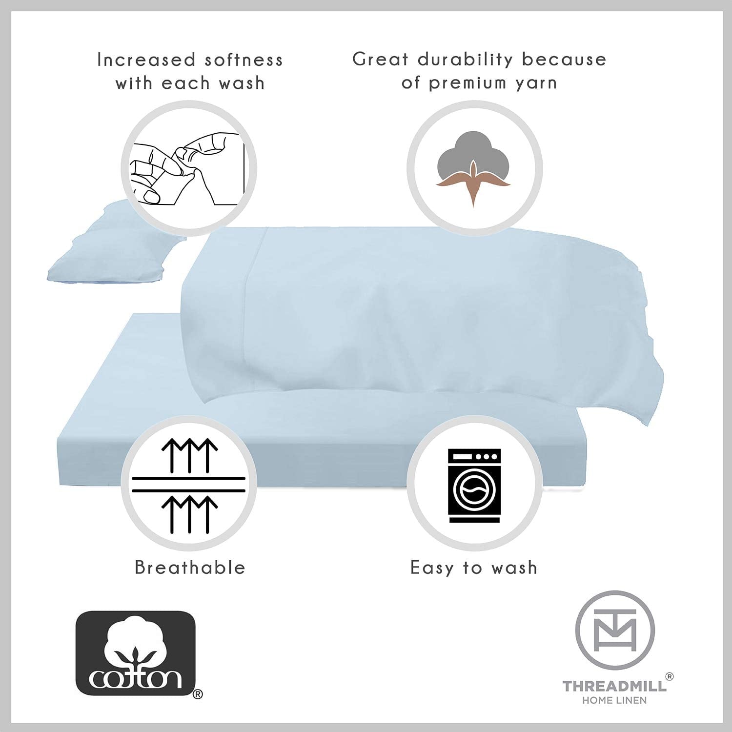 100% Cotton King Bed Sheets Set - 4-Piece, 300 Thread Count, Lightweight Sateen, Light Blue - Image 5