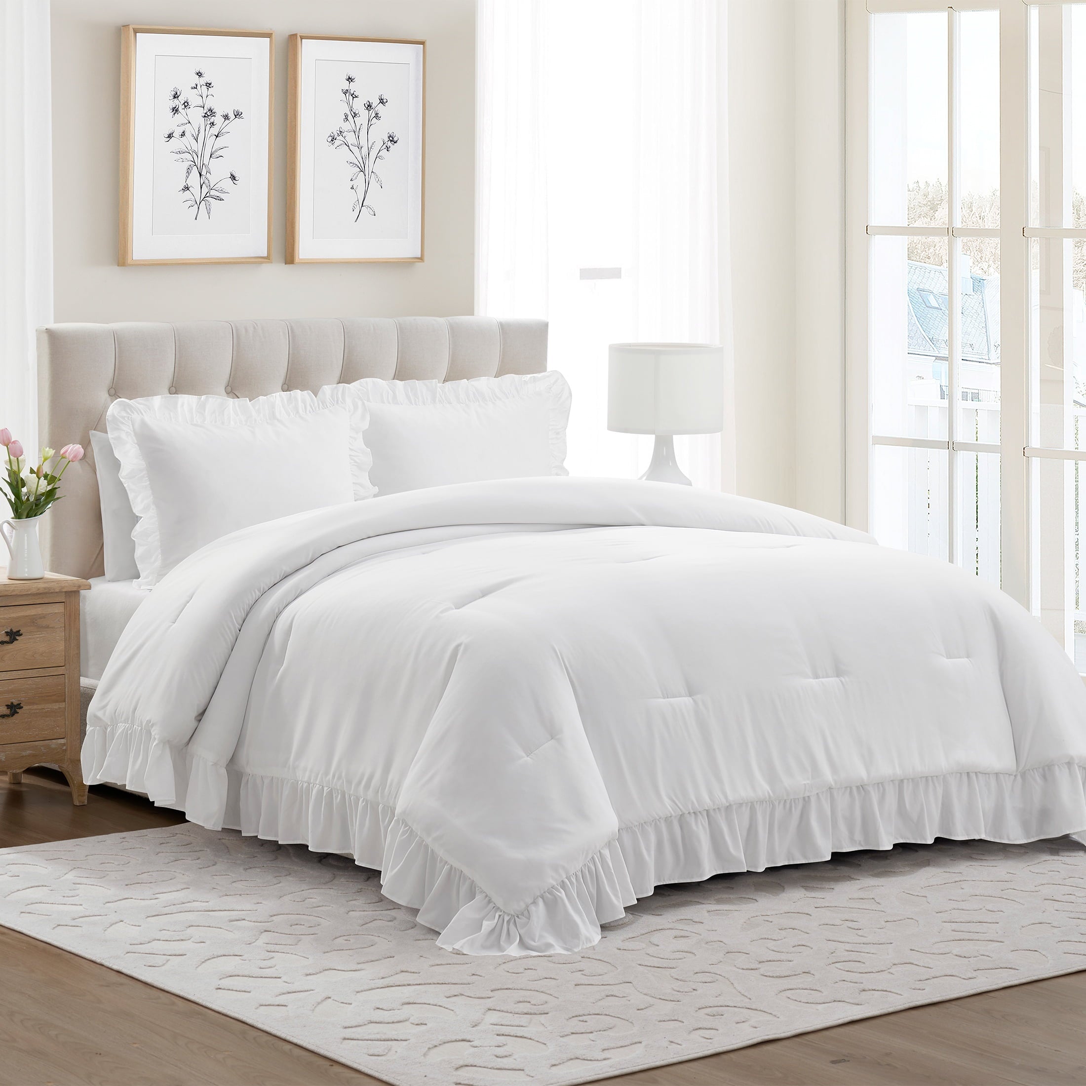 Full/Queen Comforter Set, All-Season, 3-Piece, White Ruffle - Image 2