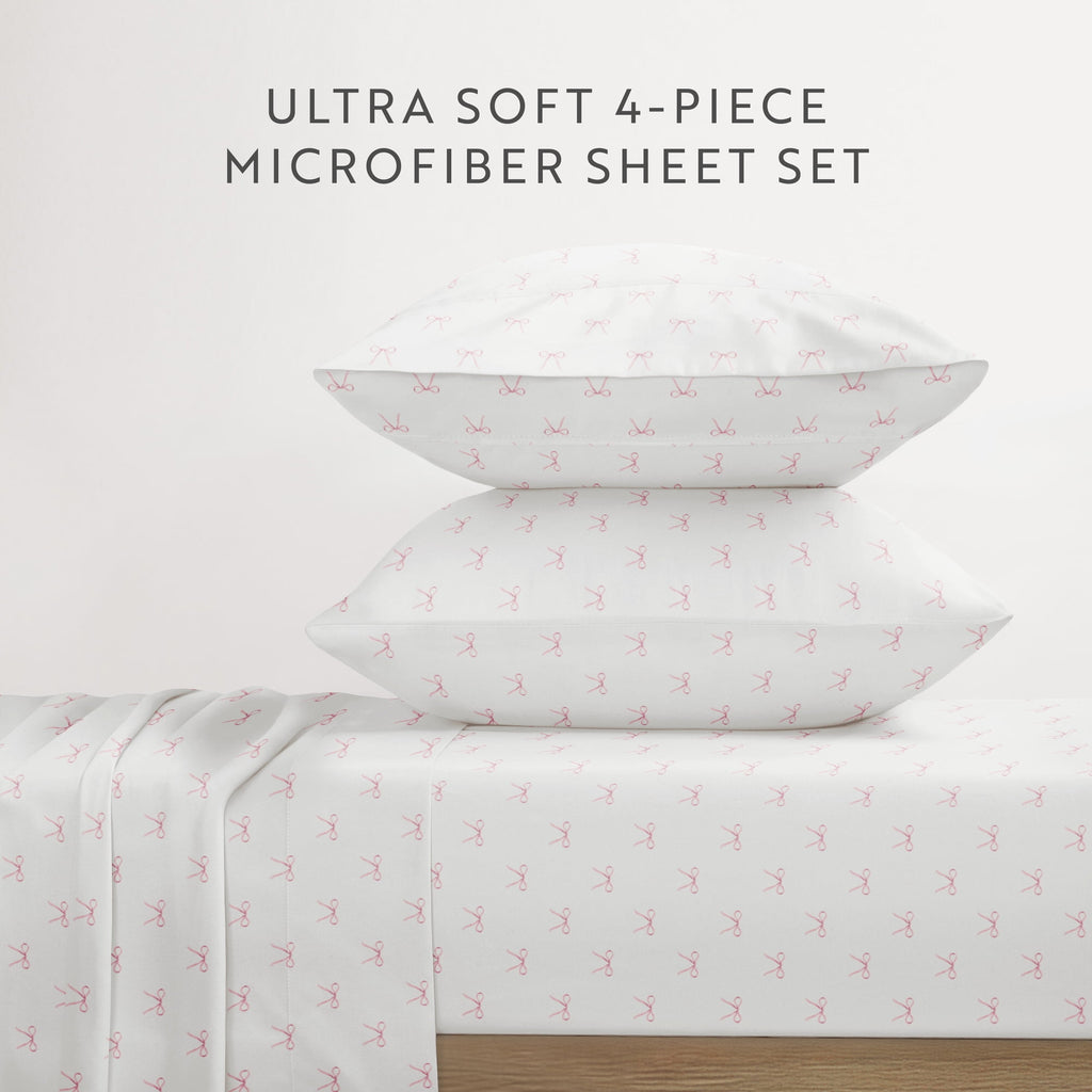 Noble Linens 3 Piece Ditsy Pattern Microfiber Bed Sheets, Pink Bows, Twin-XL - Image 3