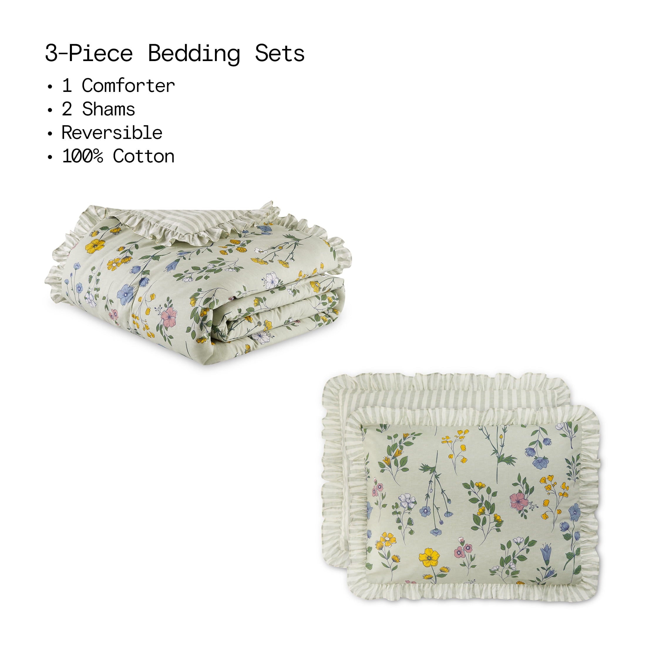 100% Cotton Botanical 3-Piece Sage Green Comforter Set, Full/Queen - Image 2