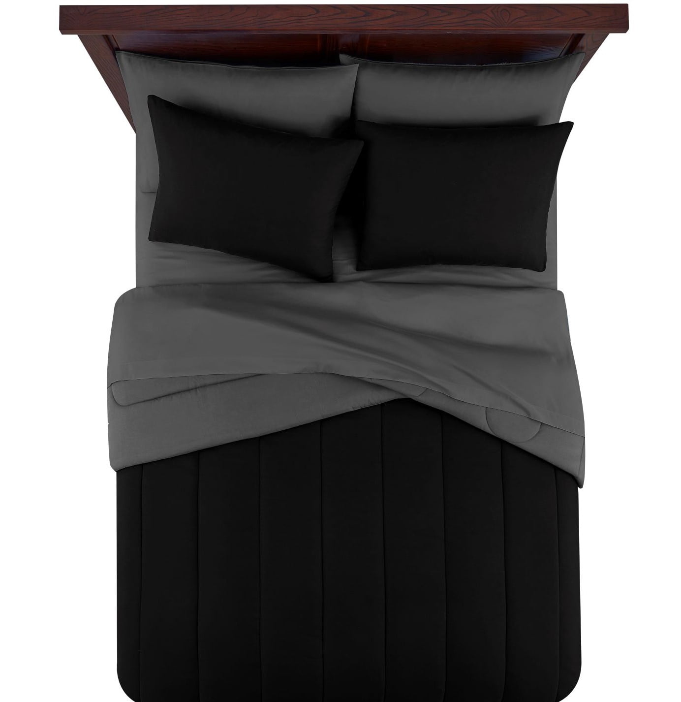 Mainstays 7 Piece Reversible Bed in a Bag Comforter Set with Sheets, Black, King - Image 2