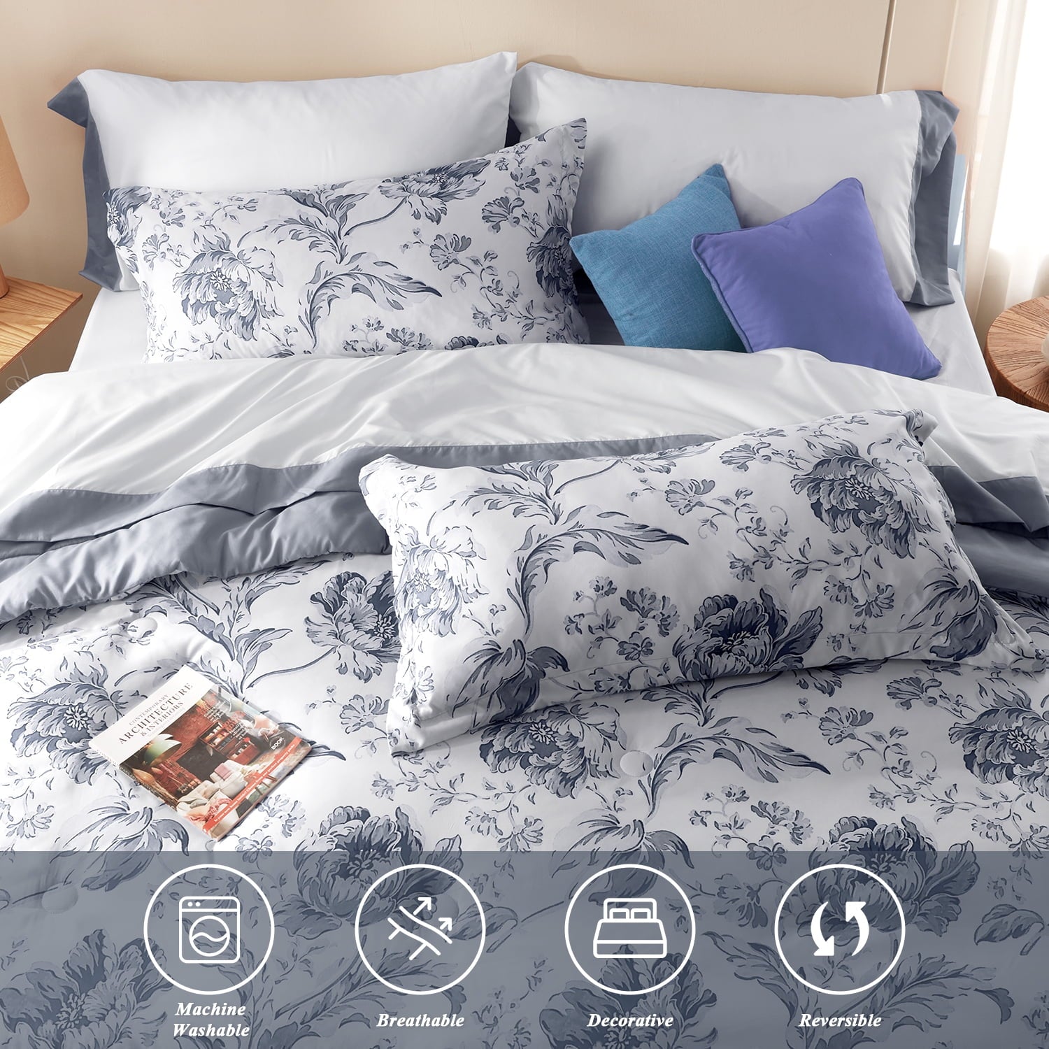 Queen Comforter Sets,7-Pieces Reversible Bedding Sets,Bed in a Bag with Comforter,Flat Sheet and Fitted Sheet,Pillowc... - Image 3