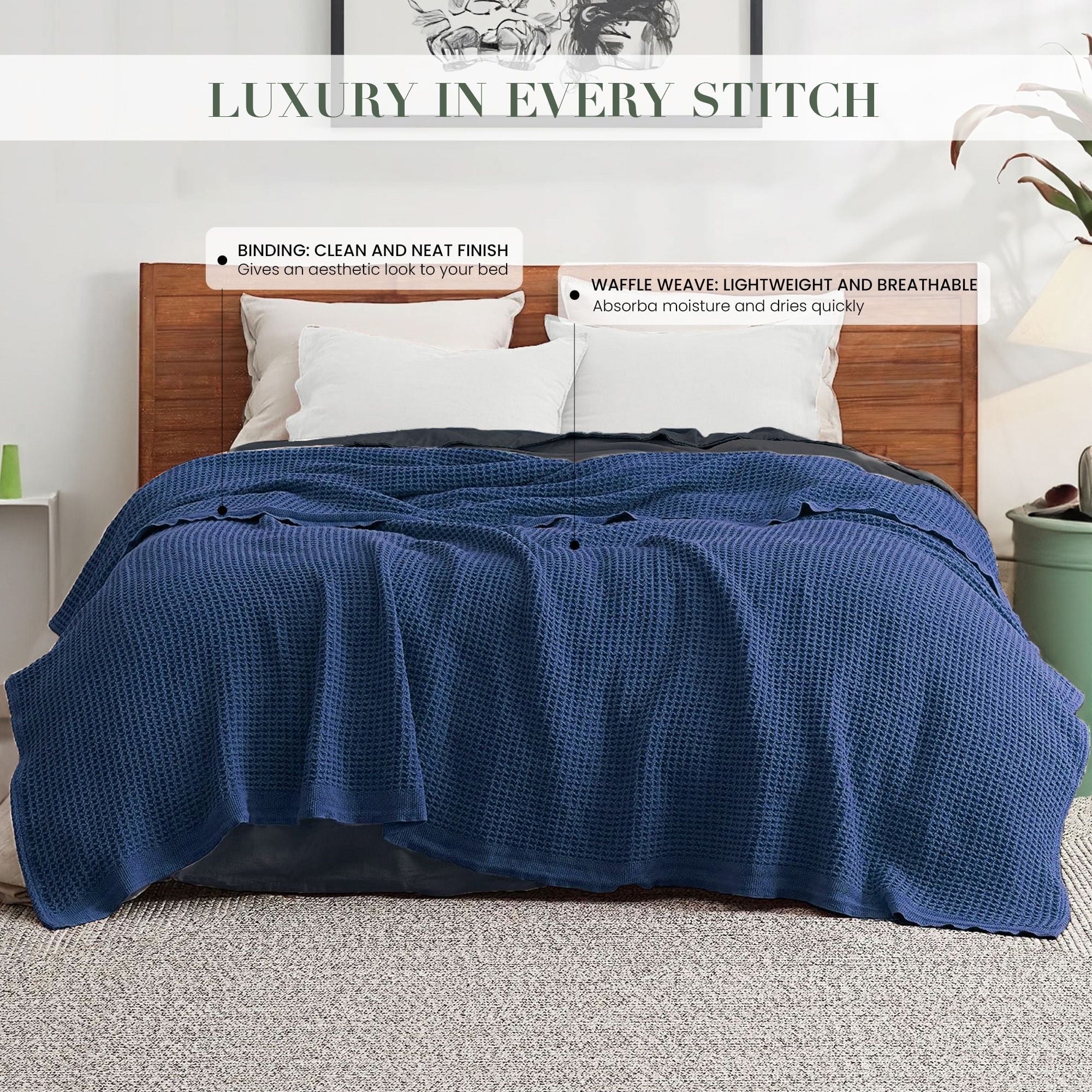 Twin Waffle Throw Blanket for Couch (68" x 92"), 100% Cotton Throw Blankets for Bed, Waffle Blanket for Bed (Navy) - Image 3