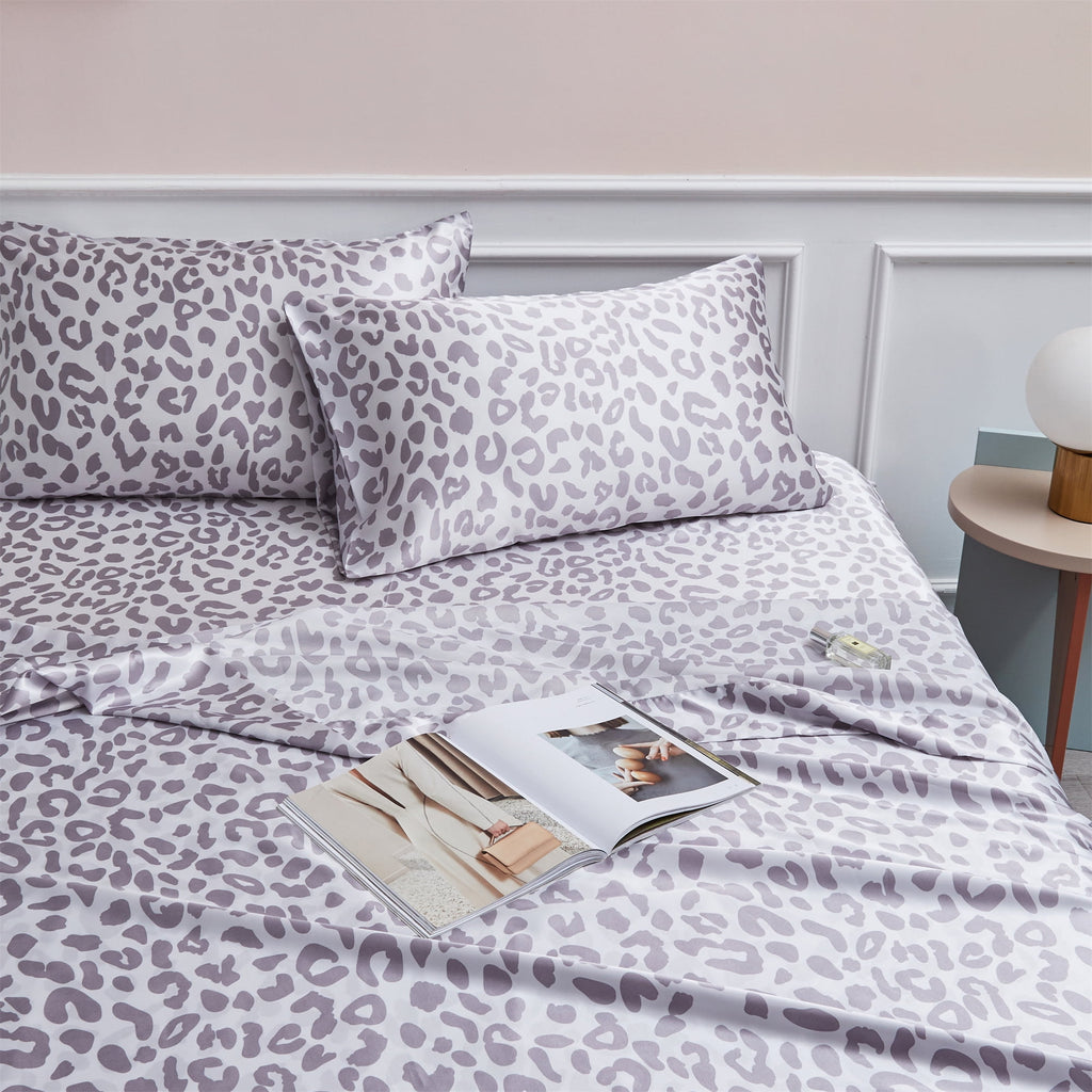 ANMINY Satin Sheets Twin Silk Sheets Silver Leopard Bed Sheet Set Deep Pocket Bed Flat Fitted Sheet, 3-Pieces - Image 5