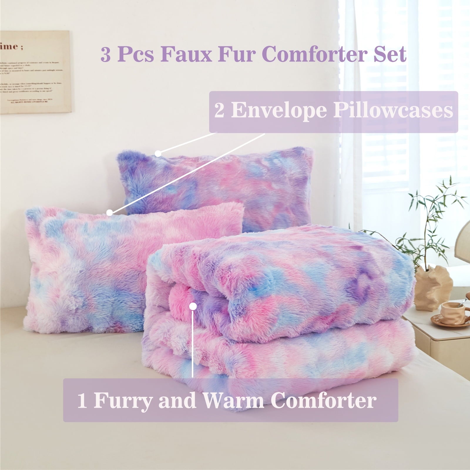 Faux Rabbit Fur Comforter Set Twin 3Pcs Girls Blue Purple Bedding Set Tie-Dyeing Soft Bed Comforter Set Warm Fuzzy Ki... - Image 3