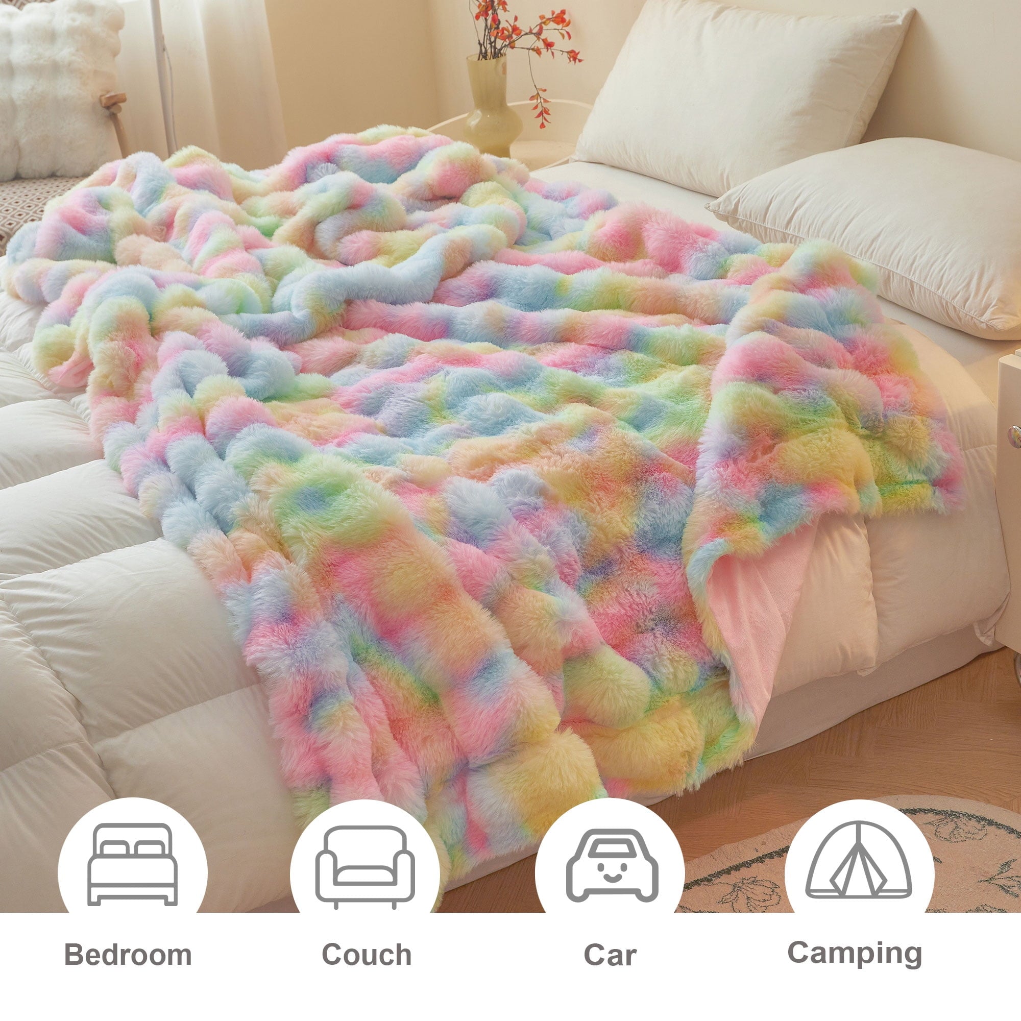 Fluffy Faux Rabbit Fur Bubble Throw, Rainbow Plush Shaggy Blanket for Couch Sofa Chair, Soft Tie Dye Furry Blanket Ad... - Image 4