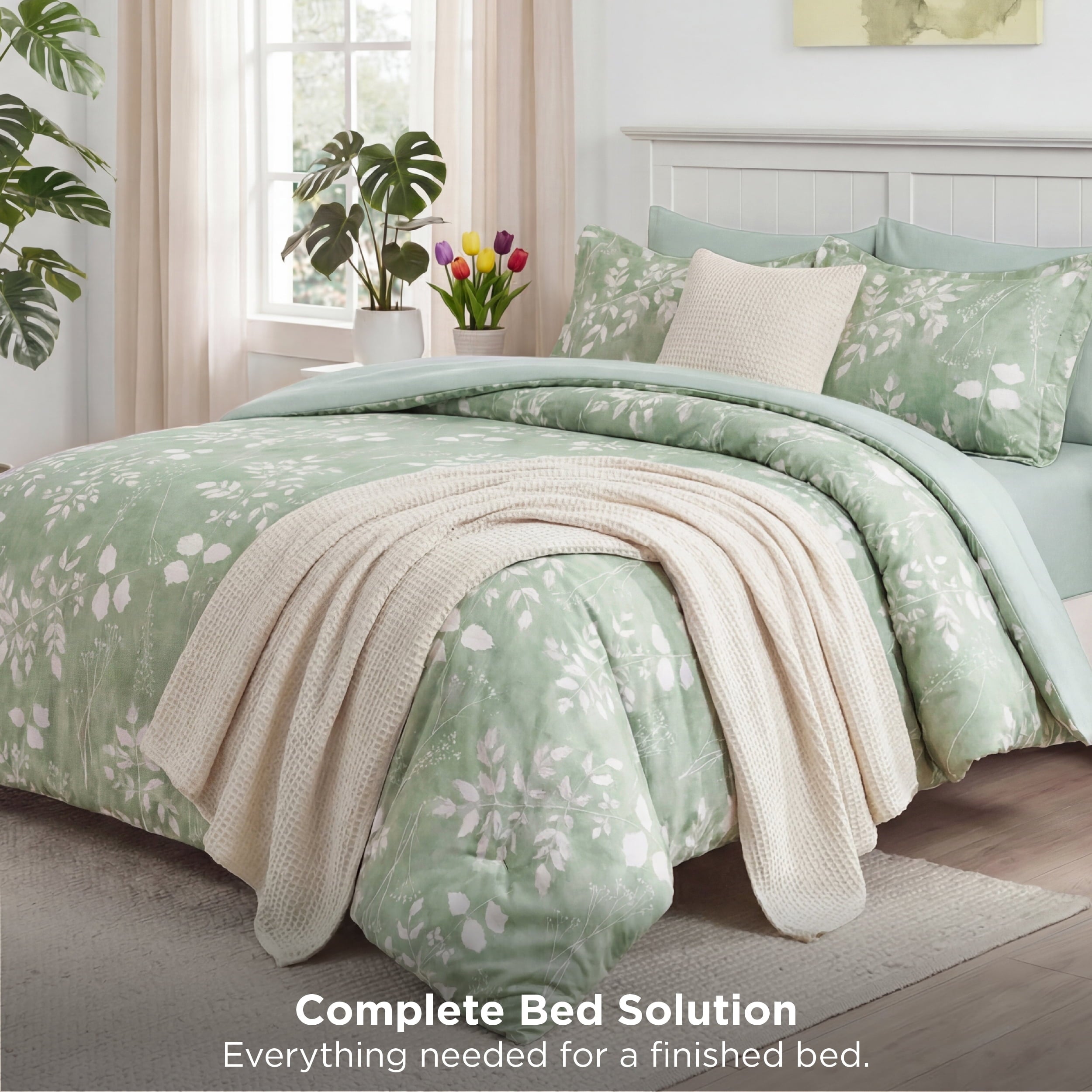 Queen Comforter Set Sage Green, Bed in a Bag Queen Size Bedding, 7-Pieces Botanical Flowers Spring Comforter, Sheets,... - Image 4
