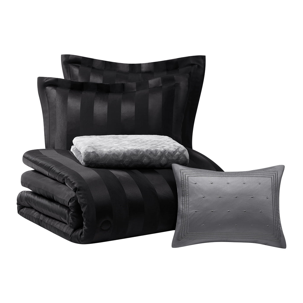 Rich Black 5 Piece Damask Stripe Comforter Set, King, Adult, Unisex - Image 2