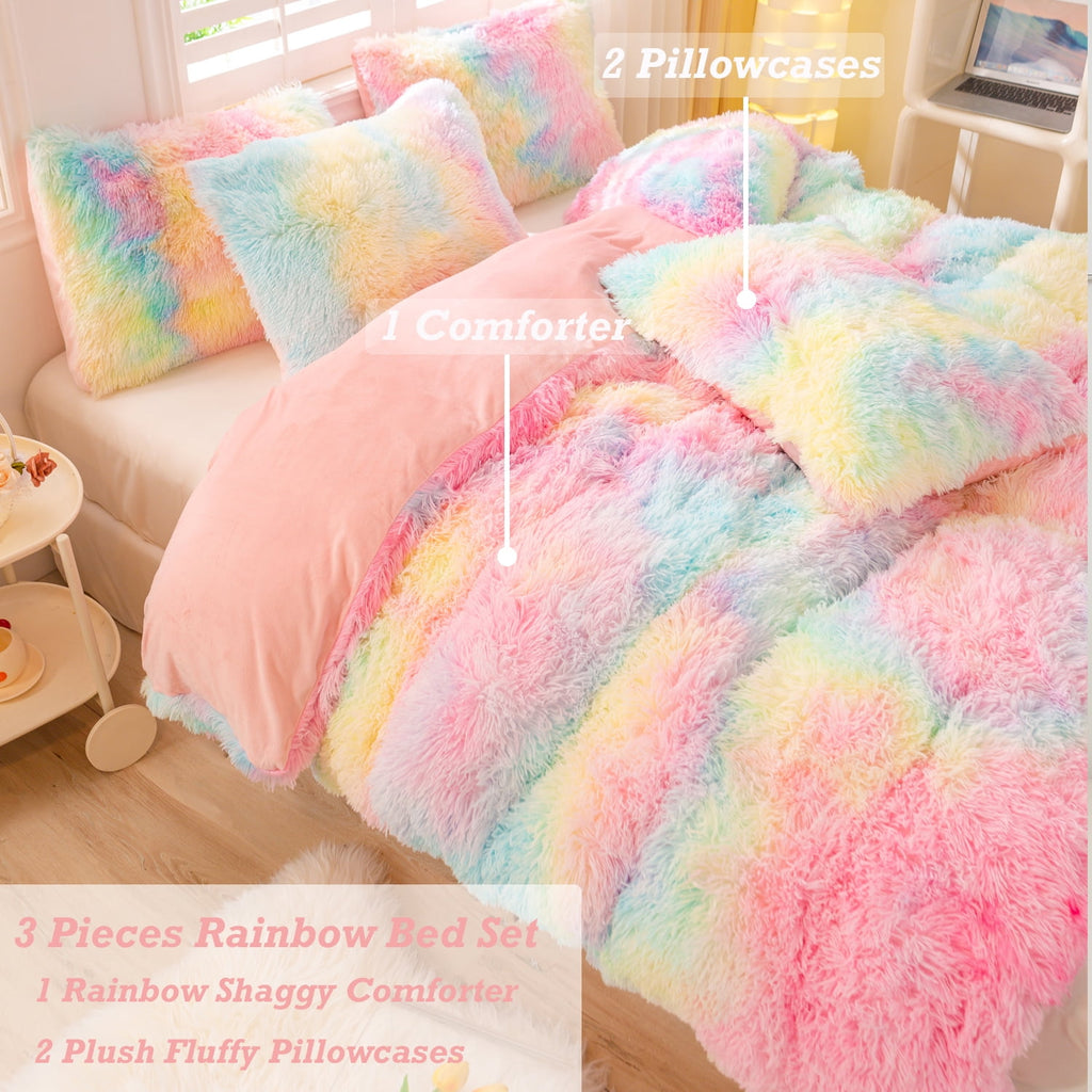 3Pcs Pink Faux Fur Twin Comforter Set for Girls Tie Dye Rainbow Kid Bed Set Plush Shaggy Bedding Sets Fuzzy Bed Comfo... - Image 5