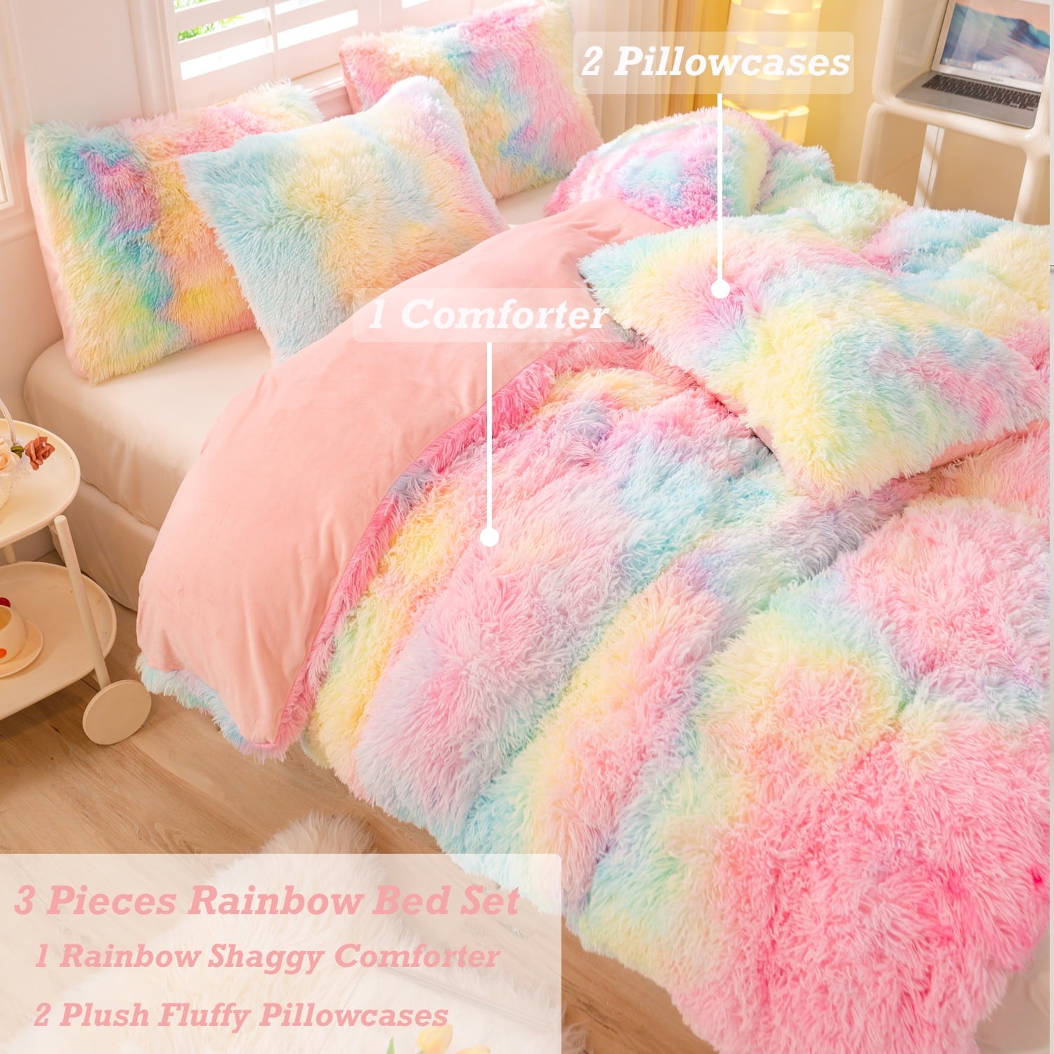 3Pcs Pink Faux Fur Twin Comforter Set for Girls Tie Dye Rainbow Kid Bed Set Plush Shaggy Bedding Sets Fuzzy Bed Comfo... - Image 5