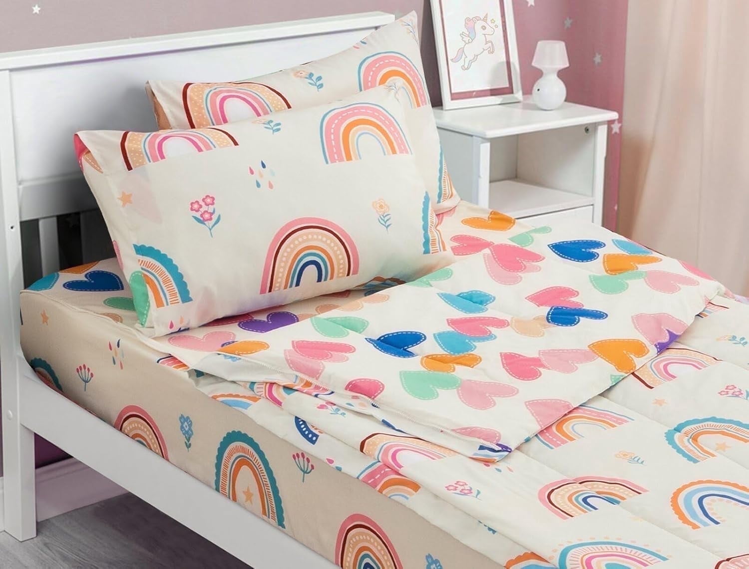 3-Piece Kids Comforter Set Twin Zipper Bedding for Girls, Rainbow Comforter with Flower Pattern (Beige)