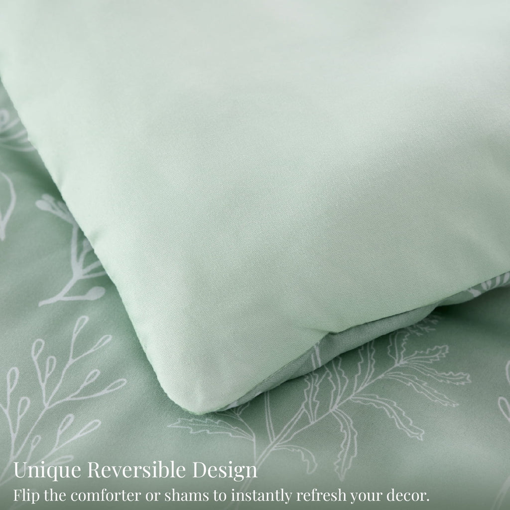 3 Pieces Sage Green Floral Comforter Sets, 1 Botanical Flowers Reversible Comforter and 2 Pillow Shams, Queen Size Be... - Image 3
