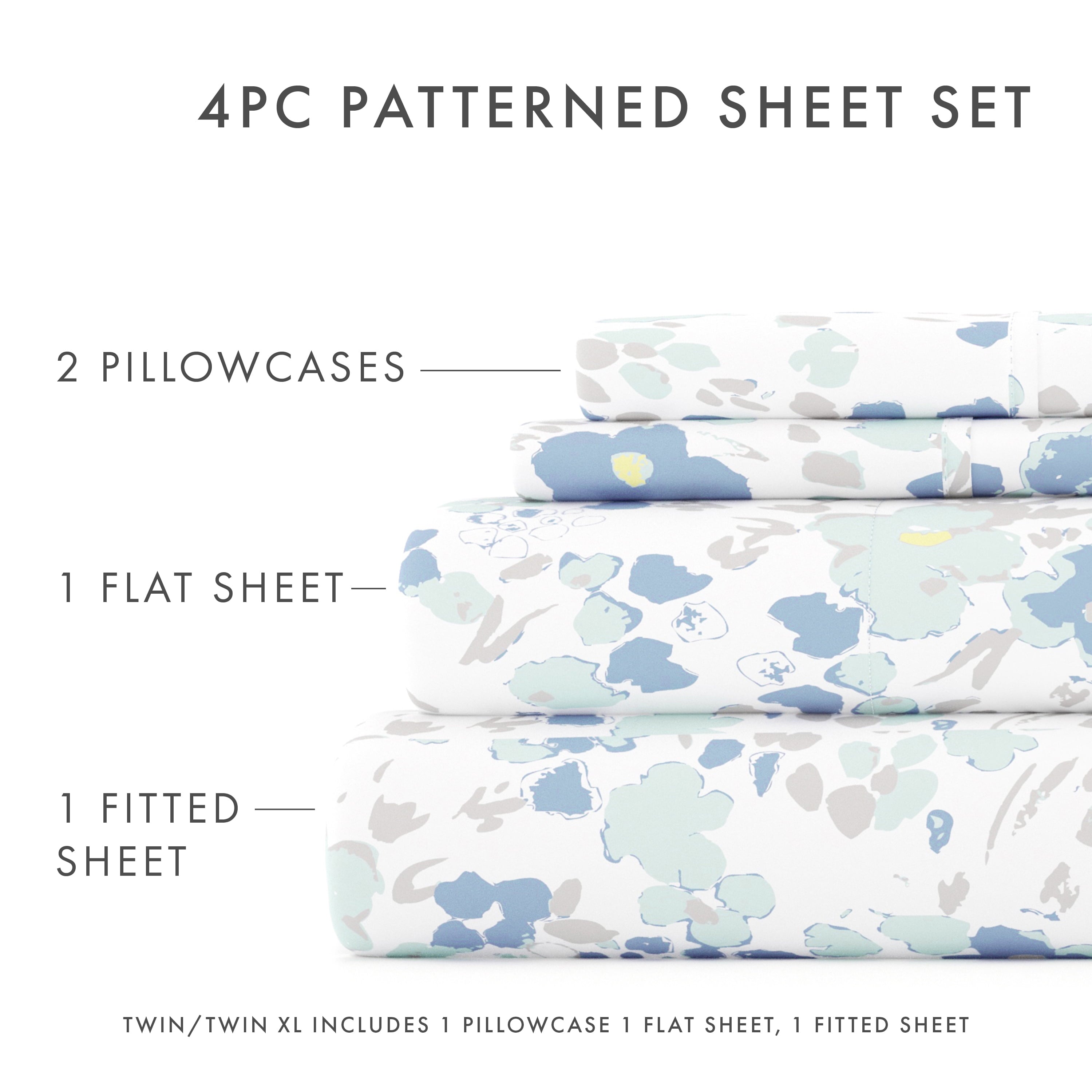 4 Piece Pattern Microfiber Bed Sheets Set, Light Blue Violets, Full - Image 3