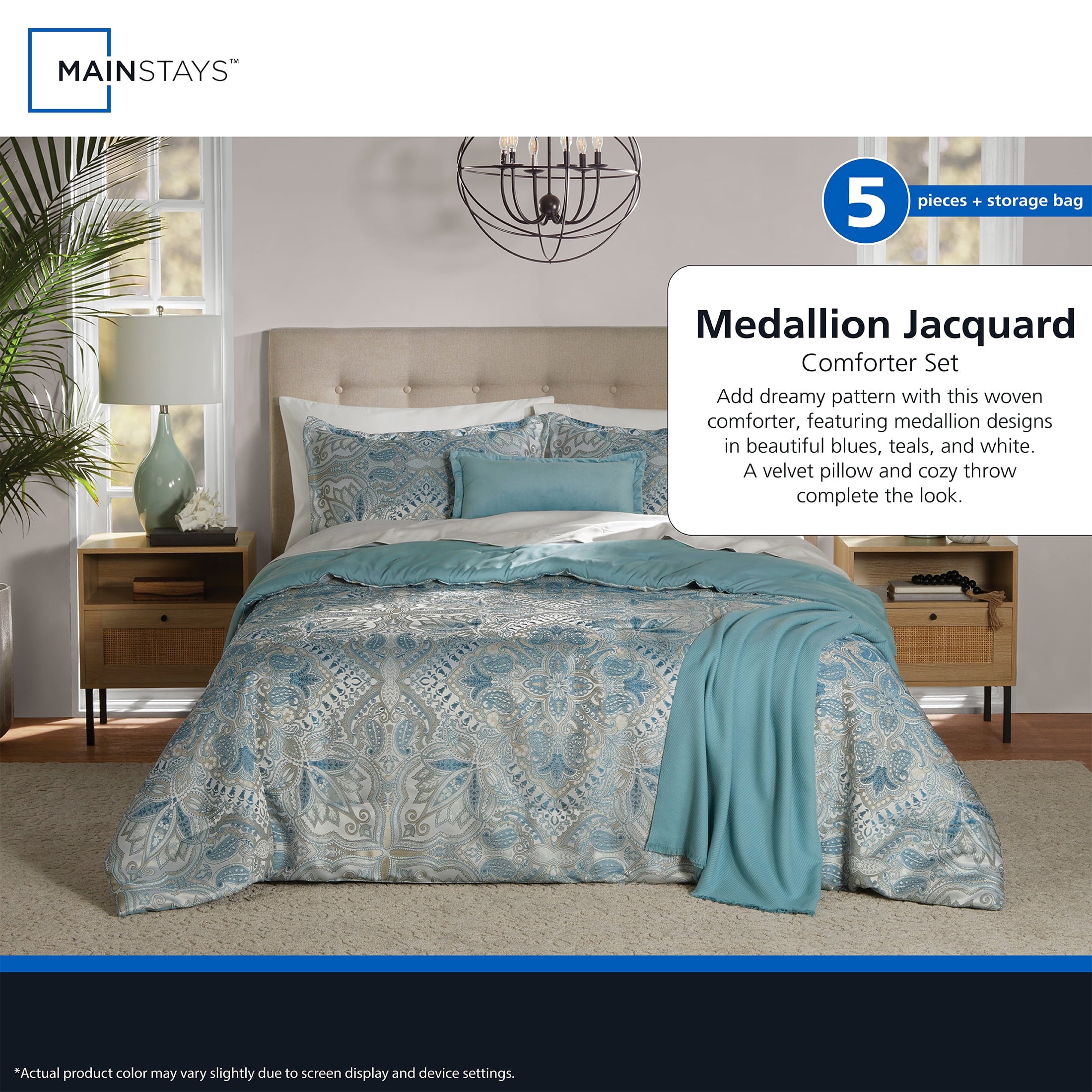 Full/Queen Comforter Set, All-Season, 5-Piece, Teal Jacquard Medallion - Image 6