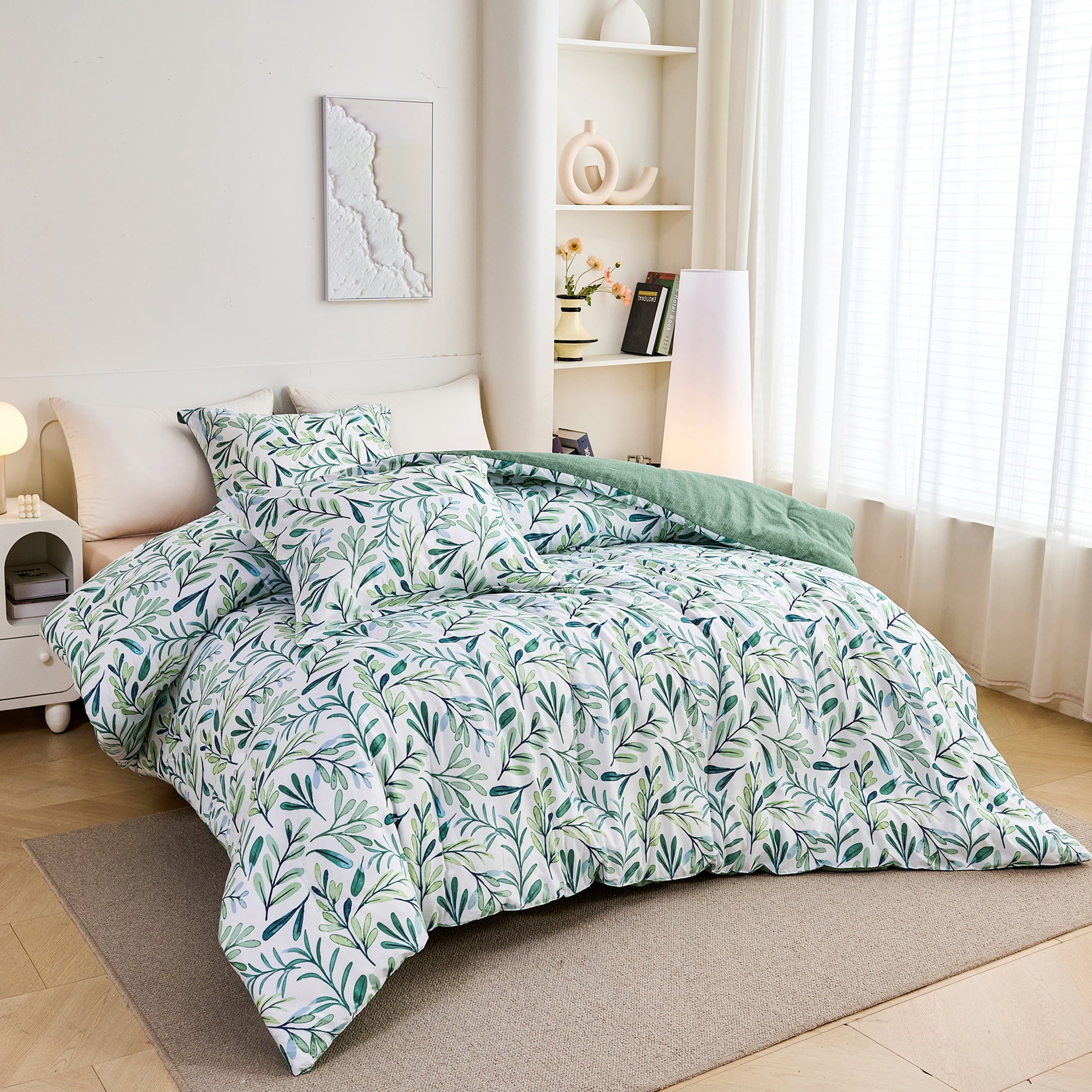 3-Piece Floral Comforter Set King Size, Green and White Botanical, Soft Microfiber All-Season Bedding for Adults & Teens - Image 4