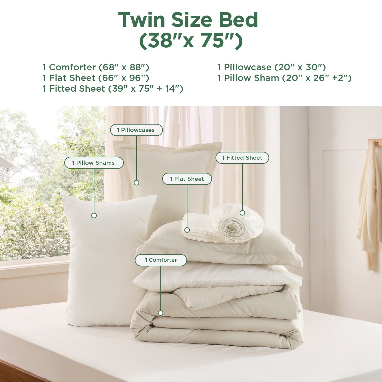 U by Bedsure Twin Comforter Set Beige, 5 Pieces Lightweight Twin Bedding Sets Boho with Comforter, Sheet, Pillowcase & Sham, 80GSM - Image 6