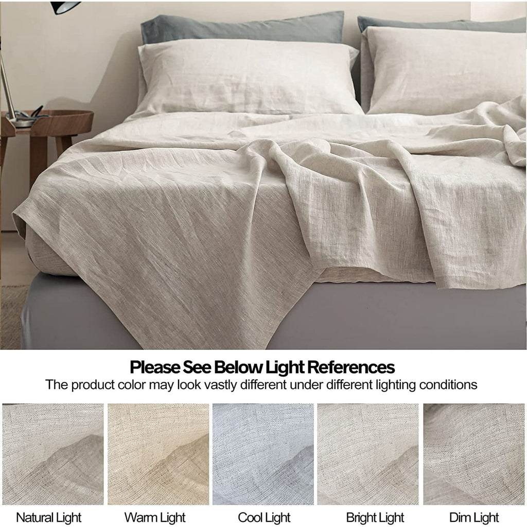100% Linen Sheet Set Solid Color-4 Pcs Washed French Linen Bed Sheets(1 Flat Sheet,1 Fitted Sheet,2 Pillowcases)-Brea... - Image 6