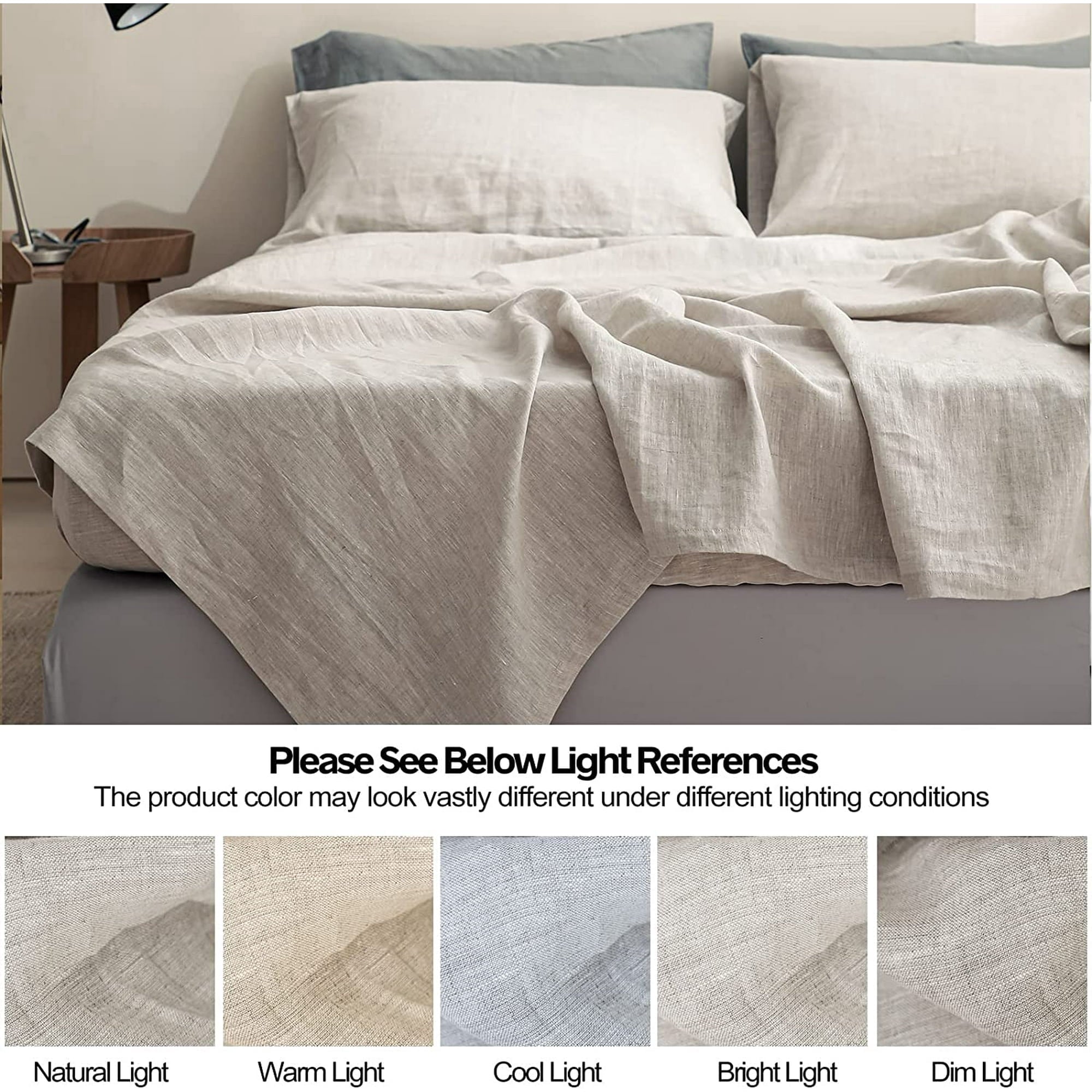 100% Linen Sheet Set Solid Color-4 Pcs Washed French Linen Bed Sheets(1 Flat Sheet,1 Fitted Sheet,2 Pillowcases)-Brea... - Image 6