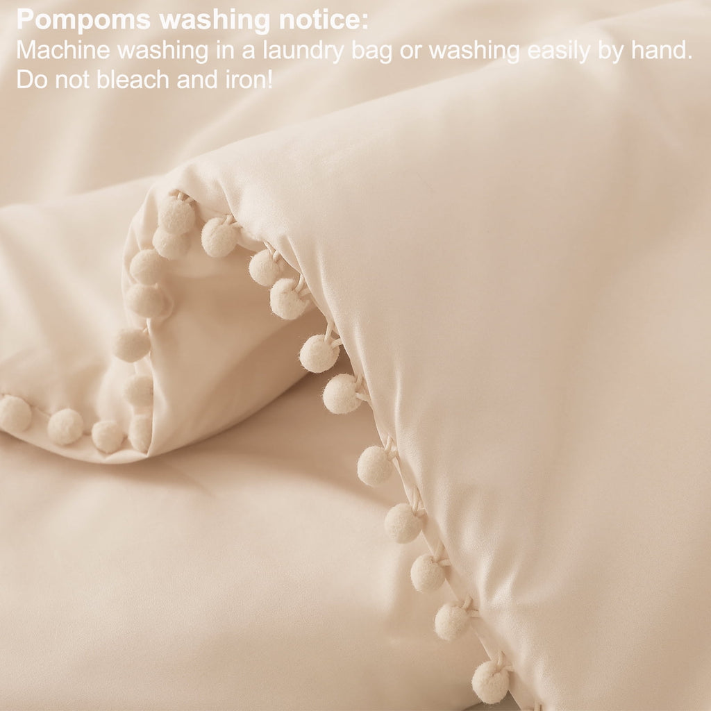 Boho Pom Pom Ball Fringe King Size Comforter Set, 3 Pieces Beige Lightweight Down Alternative Bedding Comforter Sets ... - Image 5