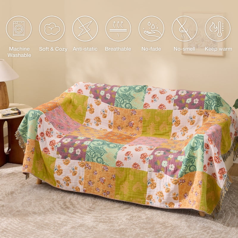 100% Cotton Boho Blankets for Home Decor – Colorful Patchwork Reversible Farmhouse Quilt Bedding, Vintage Woven Decor... - Image 3