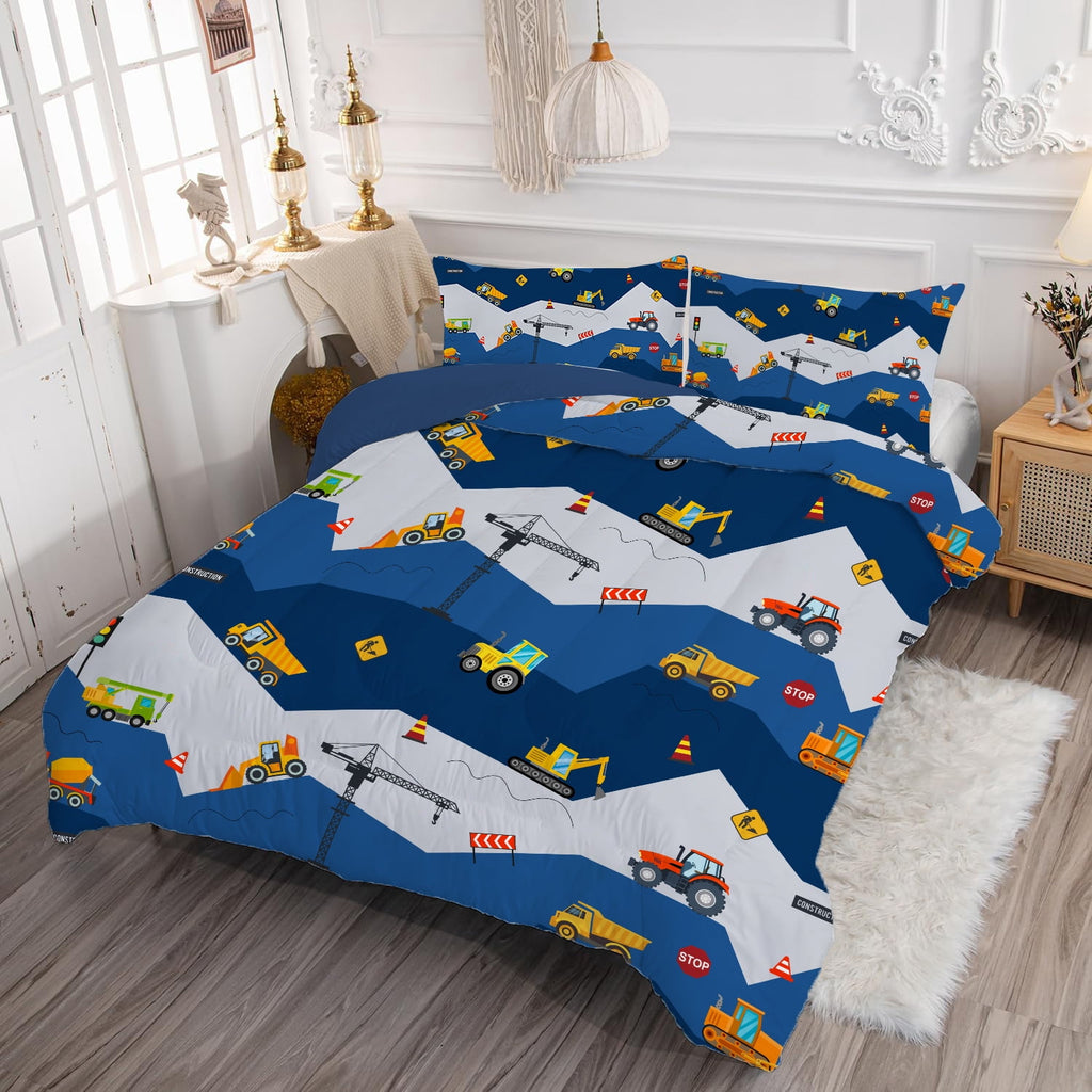 Car Comforter Set Construction Bedding Set for Boys Kids Trucks Comforter Cartoon Car Excavator Tractor Blue 3Pcs Twin - Image 2