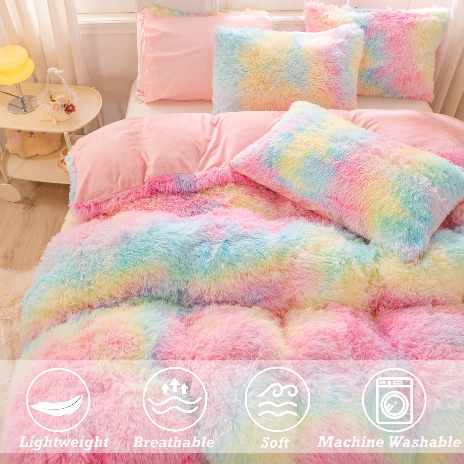 3Pcs Pink Faux Fur Twin Comforter Set for Girls Tie Dye Rainbow Kid Bed Set Plush Shaggy Bedding Sets Fuzzy Bed Comfo... - Image 2