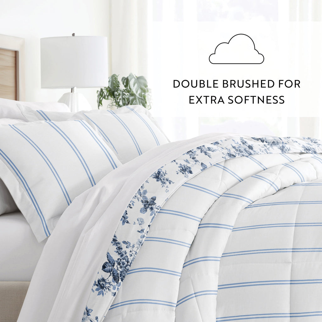 Noble Linens Down Alternative Cabbage Rose Stripe Stone Reversible Comforter Set - Image 4