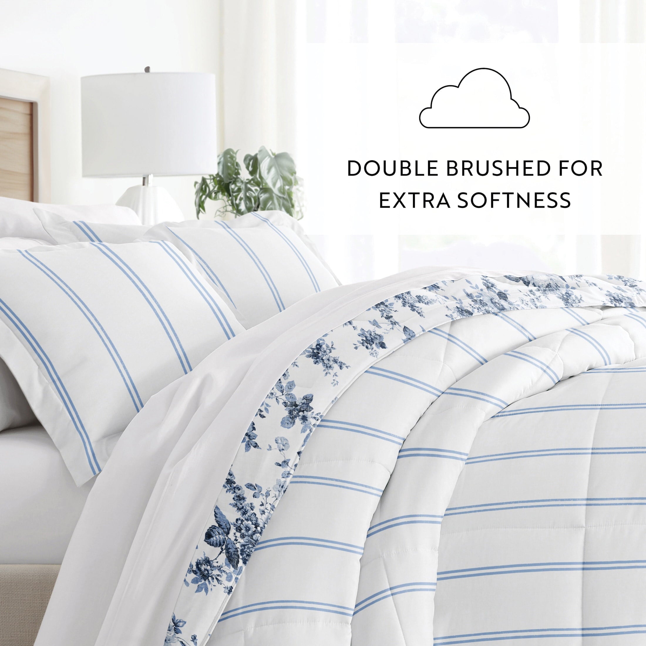 Noble Linens Down Alternative Cabbage Rose Stripe Stone Reversible Comforter Set - Image 4